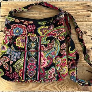 Vera Bradley crossbody bag, black, colorful design, lots of storage